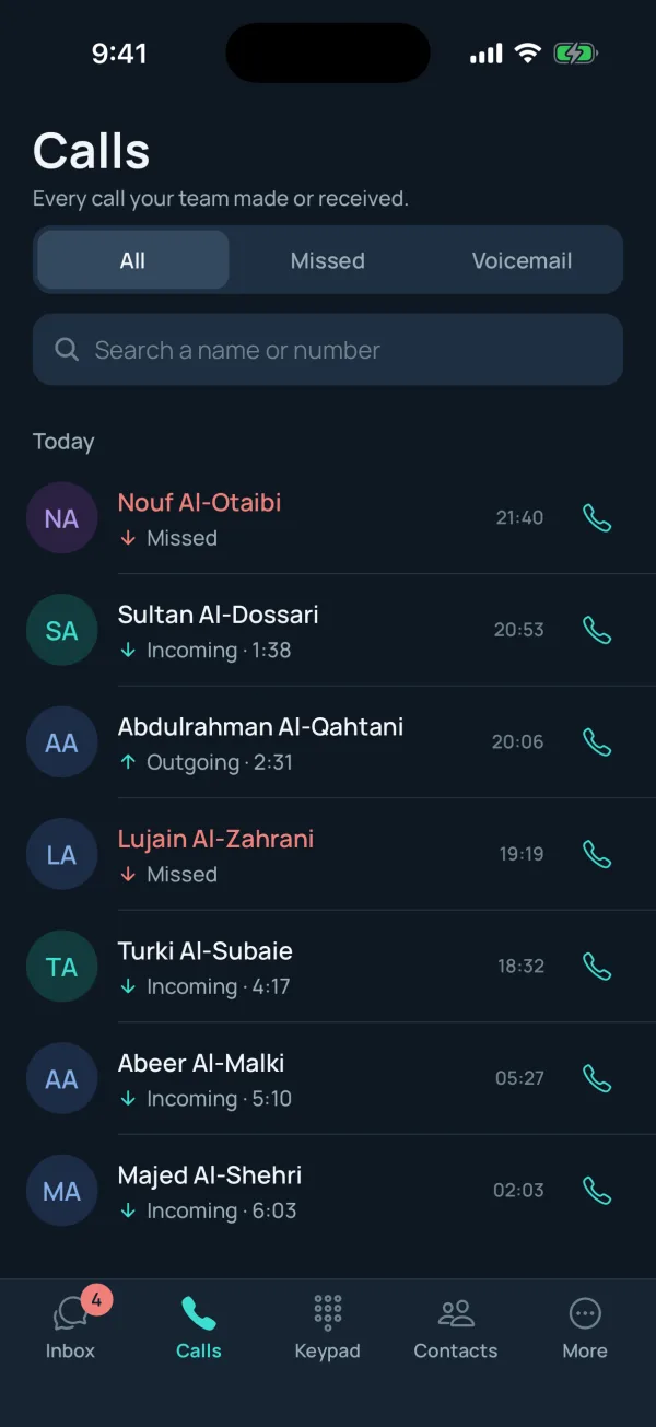 The calls screen in the Rnan mobile app